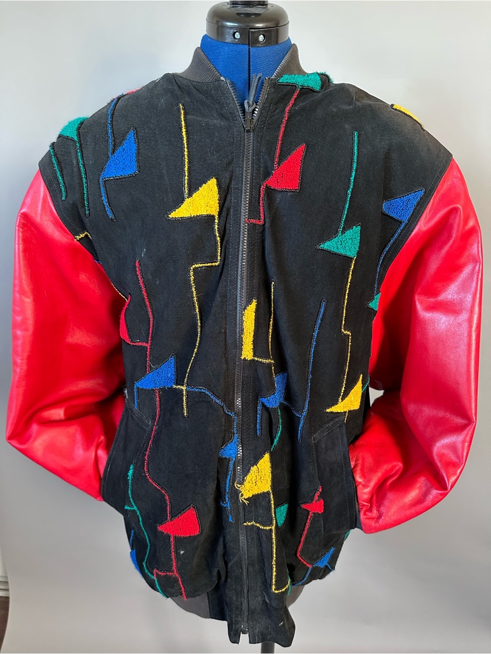 90’s Vintage leatherBlack Multi-Color Embroidered Bomber Jacket with Red Sleeves